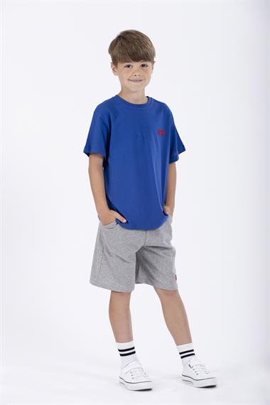 Bisiklet Yaka Kısa Kol Arma Baskılı Saks Renk Erkek Çocuk Şortlu Takım