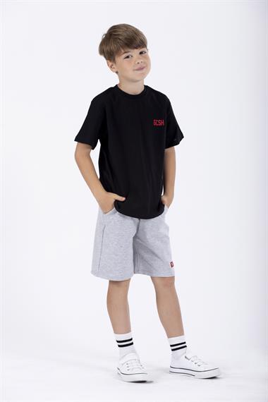 Bisiklet Yaka Kısa Kol Arma Baskılı Siyah Renk Erkek Çocuk Şortlu Takım