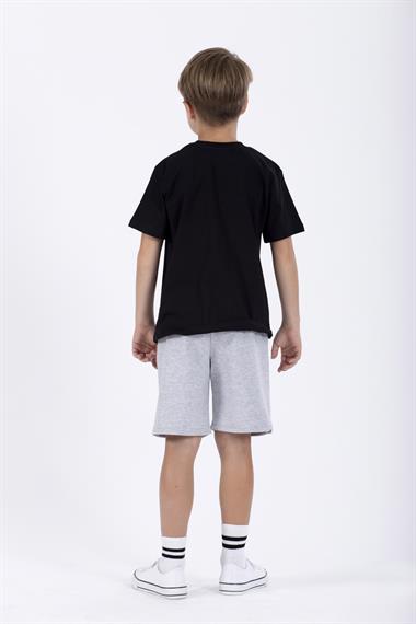 Bisiklet Yaka Kısa Kol Arma Baskılı Siyah Renk Erkek Çocuk Şortlu Takım