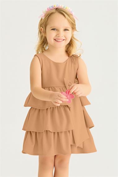Bisiklet Yaka Kurdele Detaylı Eteği Fırfırlı Sıfır Kol Kahverengi Renk Kız Çocuk Elbise