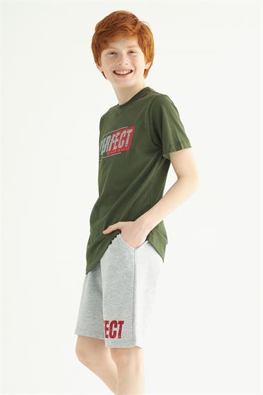 Kısa Kol Yazı Baskılı Haki Gri Renk Erkek Çocuk Kaprili Takım