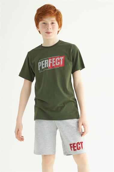 Kısa Kol Yazı Baskılı Haki Gri Renk Erkek Çocuk Kaprili Takım