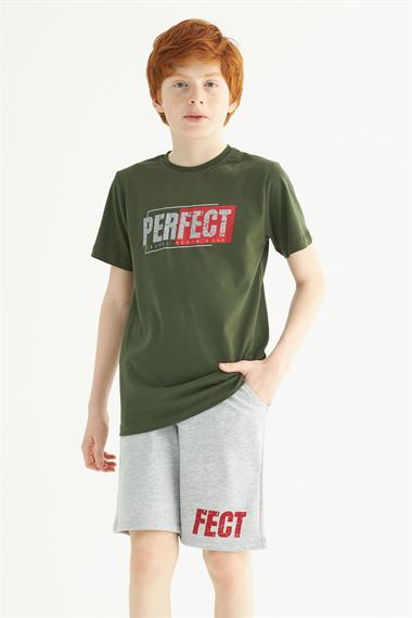 Kısa Kol Yazı Baskılı Haki Gri Renk Erkek Çocuk Kaprili Takım
