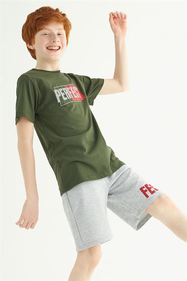 Kısa Kol Yazı Baskılı Haki Gri Renk Erkek Çocuk Kaprili Takım
