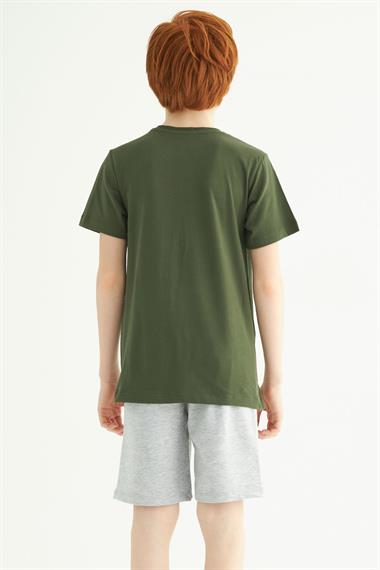 Kısa Kol Yazı Baskılı Haki Gri Renk Erkek Çocuk Kaprili Takım