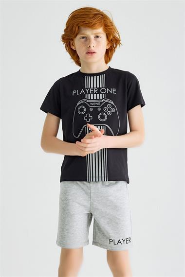Bisiklet Yaka Kısa Kol Player One Yazı baskılı Siyah Gri Renk Erkek Çocuk Şortlu Takım