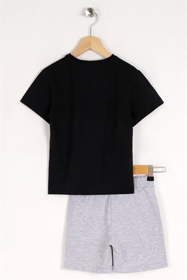 Bisiklet Yaka Kısa Kol Player One Yazı baskılı Siyah Gri Renk Erkek Çocuk Şortlu Takım