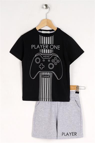 Bisiklet Yaka Kısa Kol Player One Yazı baskılı Siyah Gri Renk Erkek Çocuk Şortlu Takım