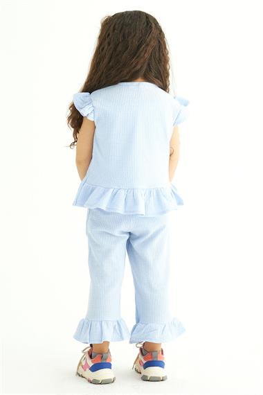 Bisiklet Yaka Kısa Kol Waffel Paca Fırfırlı Ikılı Takım Bebe Mavisi Renk Kız Çocuk Ikılı Takım
