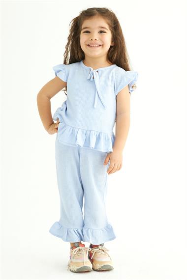 Bisiklet Yaka Kısa Kol Waffel Paca Fırfırlı Ikılı Takım Bebe Mavisi Renk Kız Çocuk Ikılı Takım