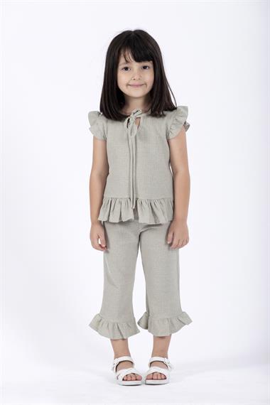 Bisiklet Yaka Kısa Kol Waffel Paca Fırfırlı Ikılı Takım Cagla Yesil Renk Kız Çocuk Ikılı Takım