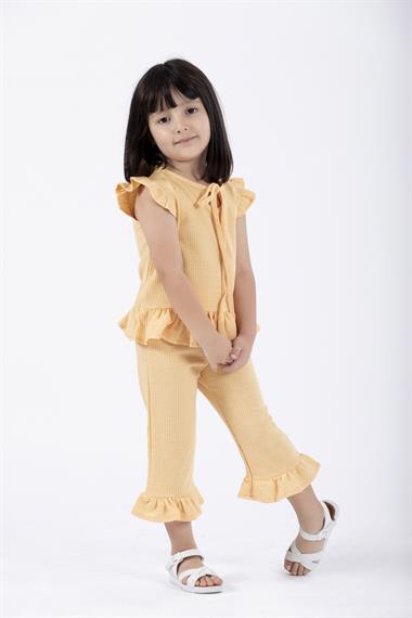 Bisiklet Yaka Kısa Kol Waffel Paca Fırfırlı Ikılı Takım Hardal Renk Kız Çocuk Ikılı Takım