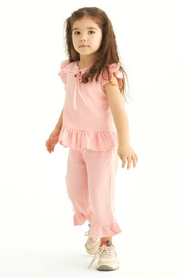 Bisiklet Yaka Kısa Kol Waffel Paca Fırfırlı Ikılı Takım Pembe Renk Kız Çocuk Ikılı Takım
