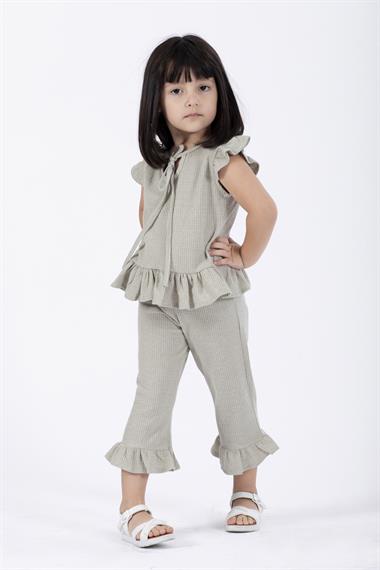 Bisiklet Yaka Kısa Kol Waffel Paca Fırfırlı Ikılı Takım Cagla Yesil Renk Kız Çocuk Ikılı Takım