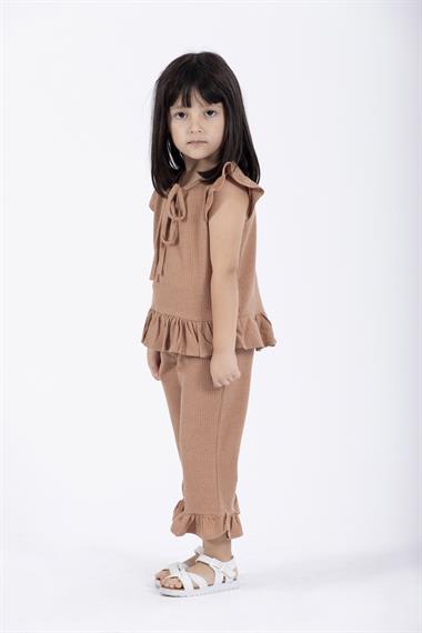 Bisiklet Yaka Kısa Kol Waffel Paca Fırfırlı Ikılı Takım Kahverengi Renk Kız Çocuk Ikılı Takım