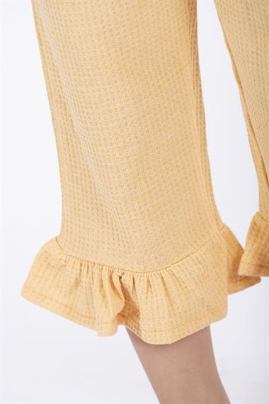 Bisiklet Yaka Kısa Kol Waffel Paca Fırfırlı Ikılı Takım Hardal Renk Kız Çocuk Ikılı Takım