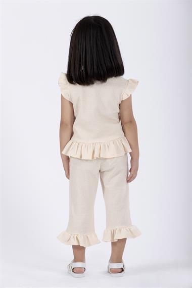 Bisiklet Yaka Kısa Kol Waffel Paca Fırfırlı Ikılı Takım Ekru Renk Kız Çocuk Ikılı Takım