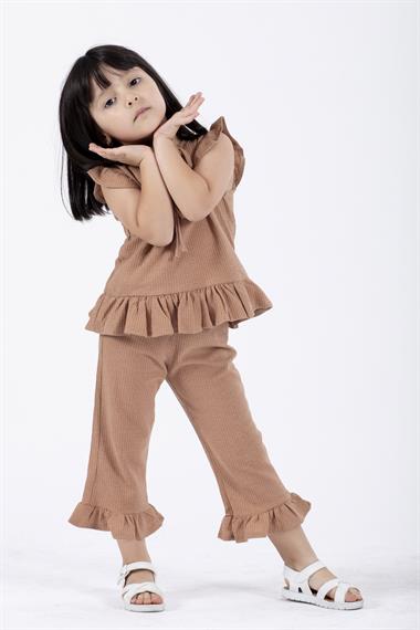 Bisiklet Yaka Kısa Kol Waffel Paca Fırfırlı Ikılı Takım Kahverengi Renk Kız Çocuk Ikılı Takım