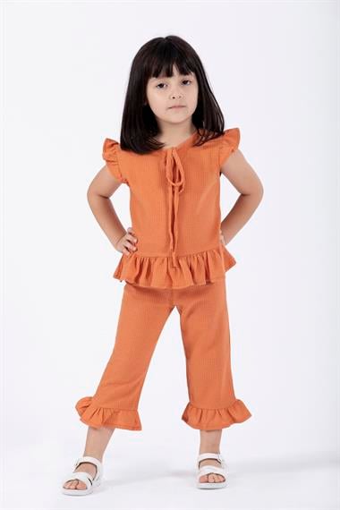 Bisiklet Yaka Kısa Kol Waffel Paca Fırfırlı Ikılı Takım Kiremit Renk Kız Çocuk Ikılı Takım