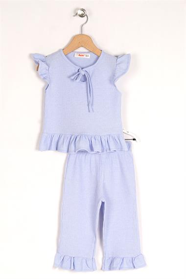 Bisiklet Yaka Kısa Kol Waffel Paca Fırfırlı Ikılı Takım Bebe Mavisi Renk Kız Çocuk Ikılı Takım