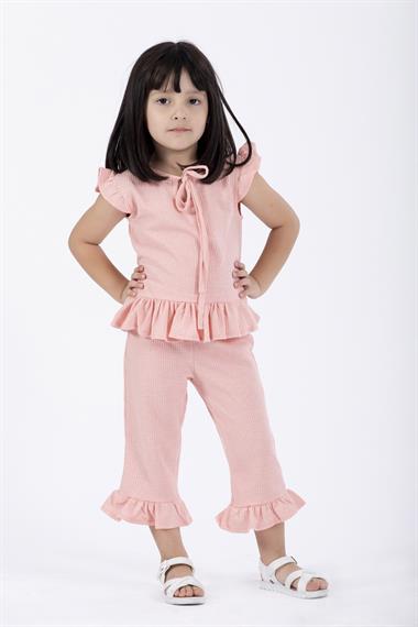 Bisiklet Yaka Kısa Kol Waffel Paca Fırfırlı Ikılı Takım Pembe Renk Kız Çocuk Ikılı Takım