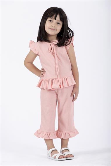 Bisiklet Yaka Kısa Kol Waffel Paca Fırfırlı Ikılı Takım Pembe Renk Kız Çocuk Ikılı Takım