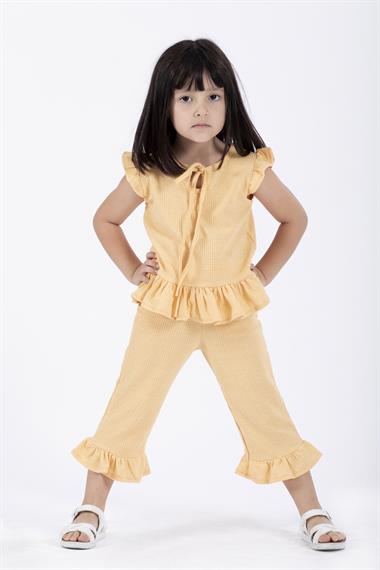 Bisiklet Yaka Kısa Kol Waffel Paca Fırfırlı Ikılı Takım Hardal Renk Kız Çocuk Ikılı Takım