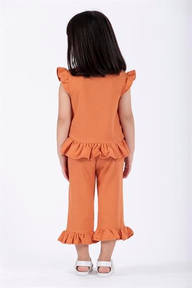 Bisiklet Yaka Kısa Kol Waffel Paca Fırfırlı Ikılı Takım Kiremit Renk Kız Çocuk Ikılı Takım