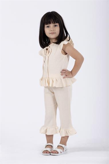 Bisiklet Yaka Kısa Kol Waffel Paca Fırfırlı Ikılı Takım Ekru Renk Kız Çocuk Ikılı Takım