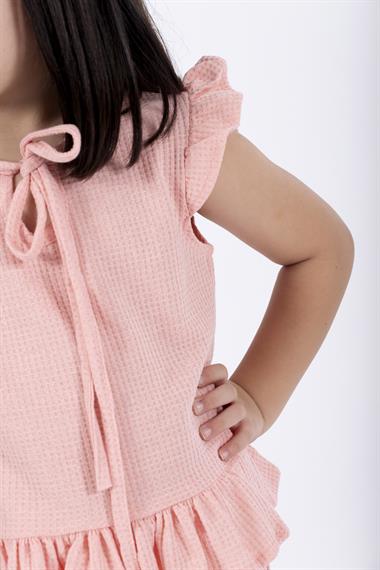 Bisiklet Yaka Kısa Kol Waffel Paca Fırfırlı Ikılı Takım Pembe Renk Kız Çocuk Ikılı Takım