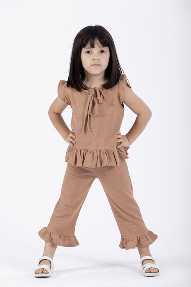 Bisiklet Yaka Kısa Kol Waffel Paca Fırfırlı Ikılı Takım Kahverengi Renk Kız Çocuk Ikılı Takım