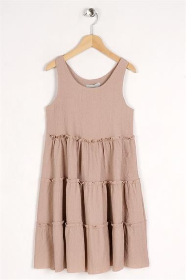 Bisiklet Yaka Sıfır Kol Beli Lastikli Bej Renk Kız Çocuk Elbise