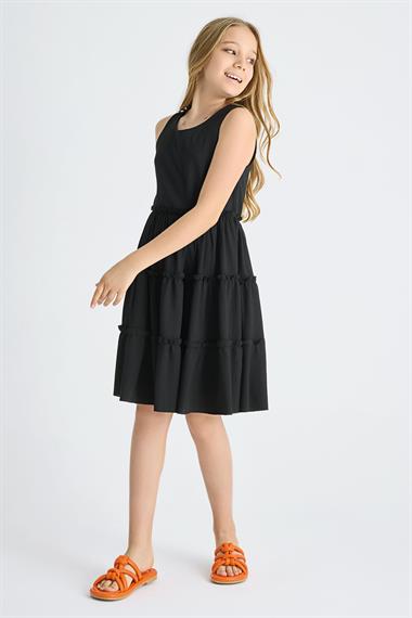 Bisiklet Yaka Sıfır Kol Beli Lastikli Siyah Renk Kız Çocuk Elbise