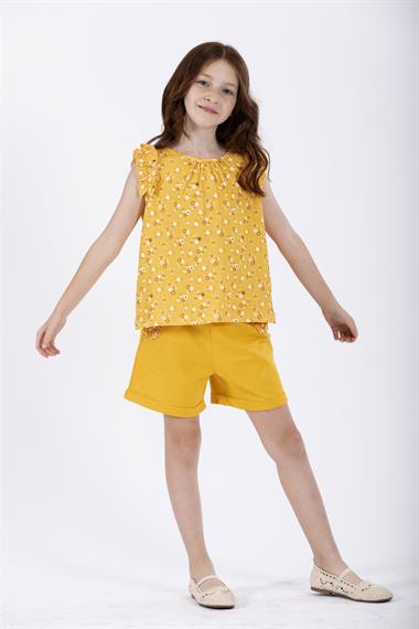 Bisiklet Yaka Sıfır Kol Çiçek Baskılı Beli Lastikli Cepli Sarı Renk Kız Çocuk Şortlu Takım