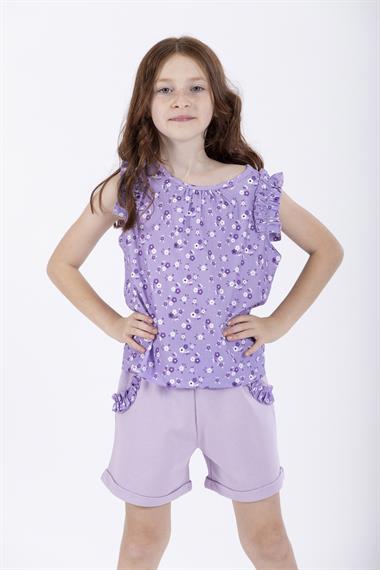 Bisiklet Yaka Sıfır Kol Çiçek Baskılı Beli Lastikli Cepli Lila Renk Kız Çocuk Şortlu Takım