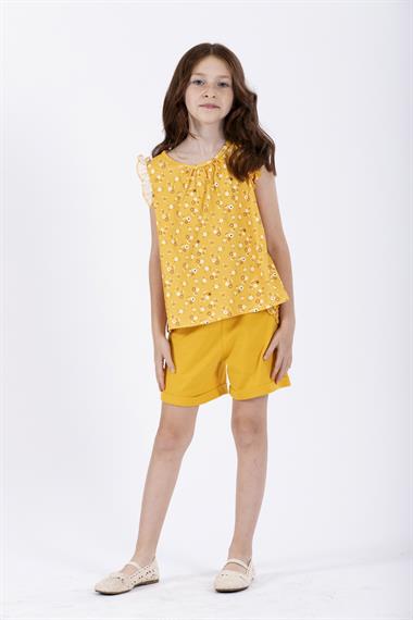 Bisiklet Yaka Sıfır Kol Çiçek Baskılı Beli Lastikli Cepli Sarı Renk Kız Çocuk Şortlu Takım