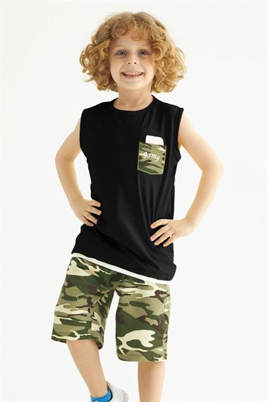 Bisiklet Yaka Sıfır Kol Kamuflaj Baskılı Cepli Siyah Renk Erkek Çocuk Kaprili Takım