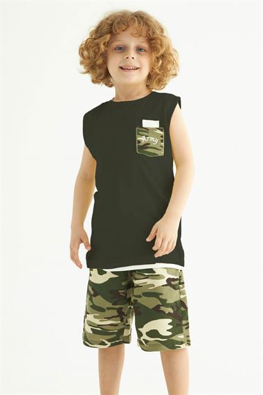 Bisiklet Yaka Sıfır Kol Kamuflaj Baskılı Cepli Haki Renk Erkek Çocuk Kaprili Takım