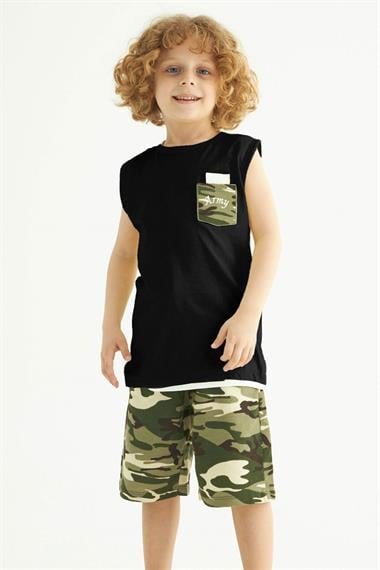 Bisiklet Yaka Sıfır Kol Kamuflaj Baskılı Cepli Siyah Renk Erkek Çocuk Kaprili Takım