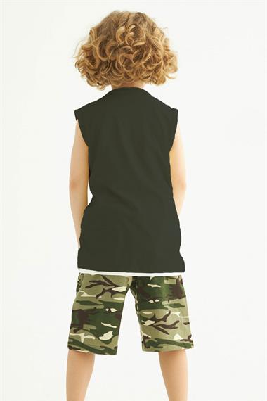 Bisiklet Yaka Sıfır Kol Kamuflaj Baskılı Cepli Haki Renk Erkek Çocuk Kaprili Takım