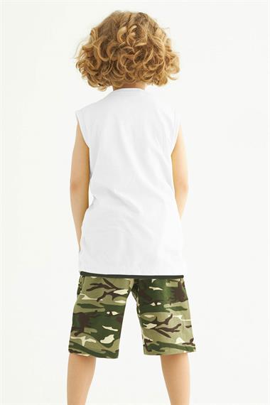 Bisiklet Yaka Sıfır Kol Kamuflaj Baskılı Cepli Ekru Renk Erkek Çocuk Kaprili Takım