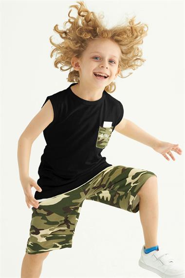 Bisiklet Yaka Sıfır Kol Kamuflaj Baskılı Cepli Siyah Renk Erkek Çocuk Kaprili Takım