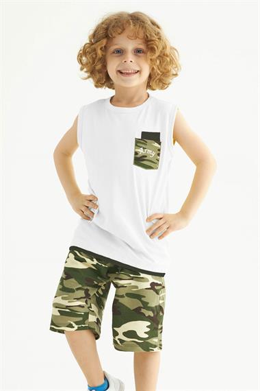 Bisiklet Yaka Sıfır Kol Kamuflaj Baskılı Cepli Ekru Renk Erkek Çocuk Kaprili Takım