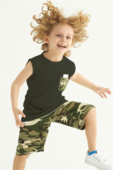Bisiklet Yaka Sıfır Kol Kamuflaj Baskılı Cepli Haki Renk Erkek Çocuk Kaprili Takım