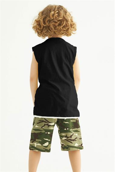 Bisiklet Yaka Sıfır Kol Kamuflaj Baskılı Cepli Siyah Renk Erkek Çocuk Kaprili Takım