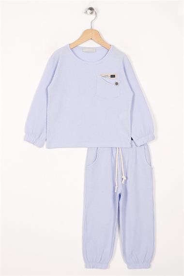 Bisiklet Yaka Uzun Kol Armalı Kol ve Paça Lastikli Mavi Renk Erkek Çocuk İkili Takım