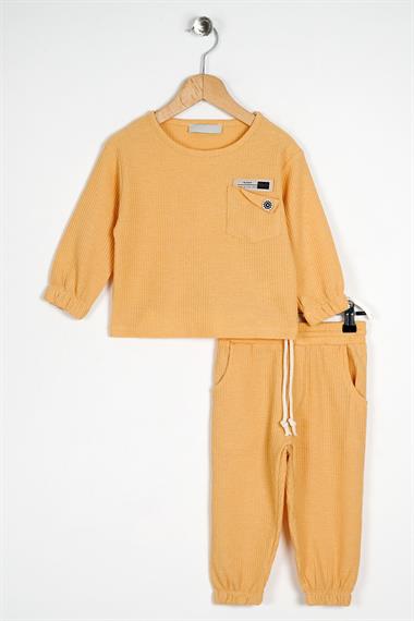 Bisiklet Yaka Uzun Kol Armalı Kol ve Paça Lastikli Hardal Renk Erkek Çocuk İkili Takım