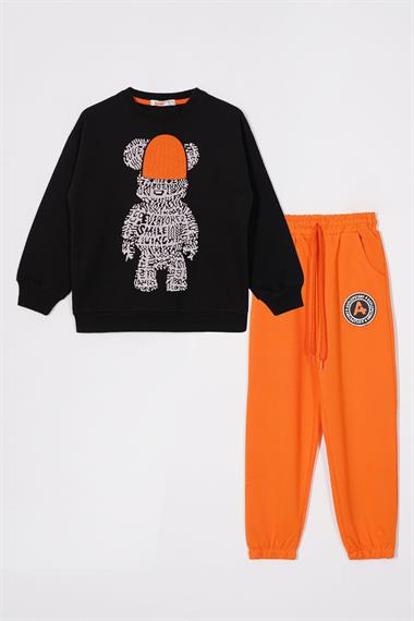 Bisiklet Yaka Uzun Kol Ayı Baskılı Oranj Renk Erkek Çocuk Eşofman Takım