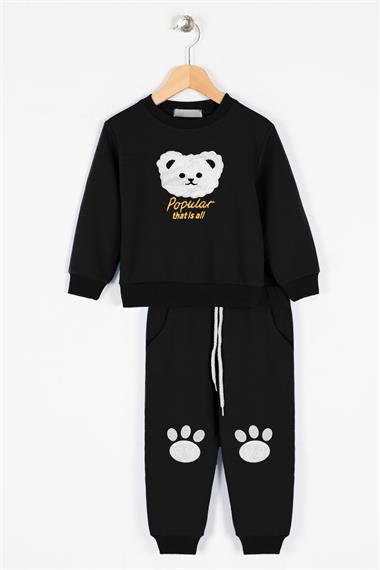 Bisiklet Yaka Uzun Kol Ayıcık Baskılı Siyah Renk Erkek Çocuk Esofman Takım