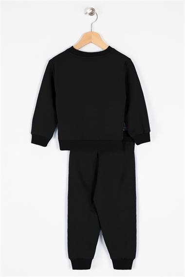 Bisiklet Yaka Uzun Kol Ayıcık Baskılı Siyah Renk Erkek Çocuk Esofman Takım